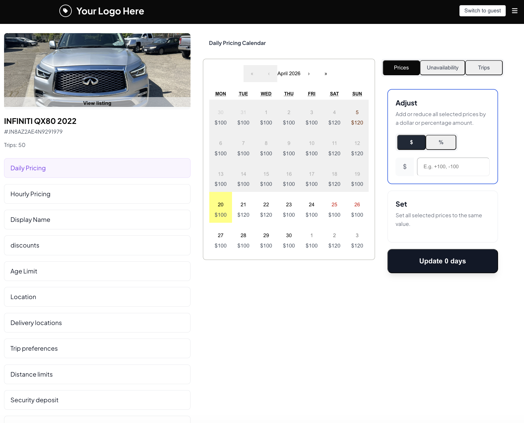 Host dashboard — vehicle overview